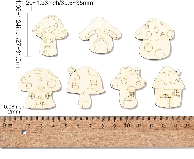 200 Pcs Unfinished Wooden Mushroom House Cutouts Blank Wood Slices Wooden