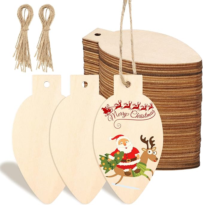 Queekay 50 Pcs Christmas Unfinished Wooden Light Bulb Wooden Slices Blank