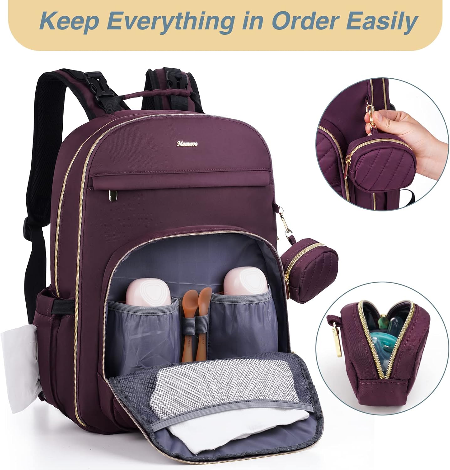 MOMUVO Diaper Bag Backpack, Quilted Baby Bag with Changing Pad & Stroller Straps & Pacifier Case, Large Travel Diaper Bags for Mom Dad