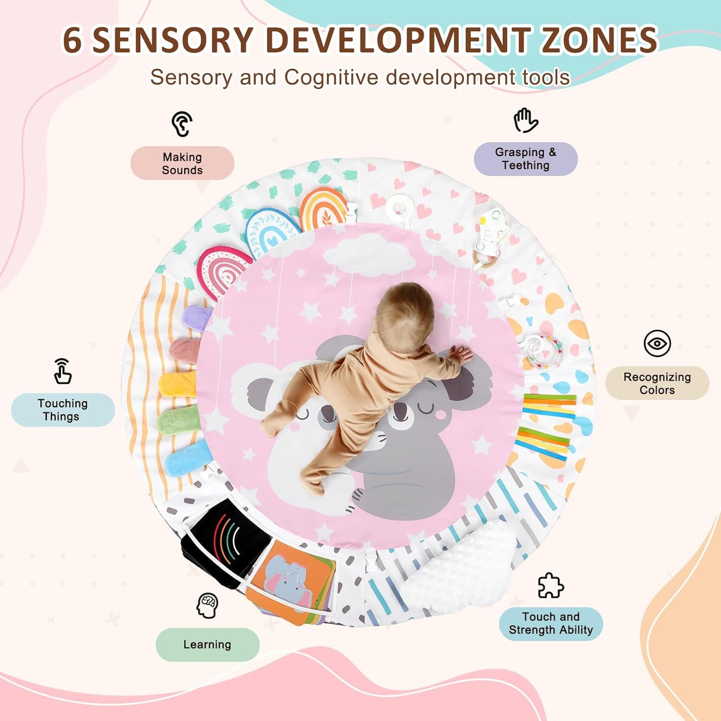 Baby Play Gym & Activity Mat, Tummy Time Mat with Tummy Time Pillow 7 Detachable Sensory Toys and Educational Cards for Motor Skills & Sensory Development, Baby Essentials Shower Gift, Pink Koala