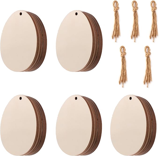 Eggs Shape 50Pcs Unfinished Wooden Easter Ornaments DIY Craft Present-50-Pack