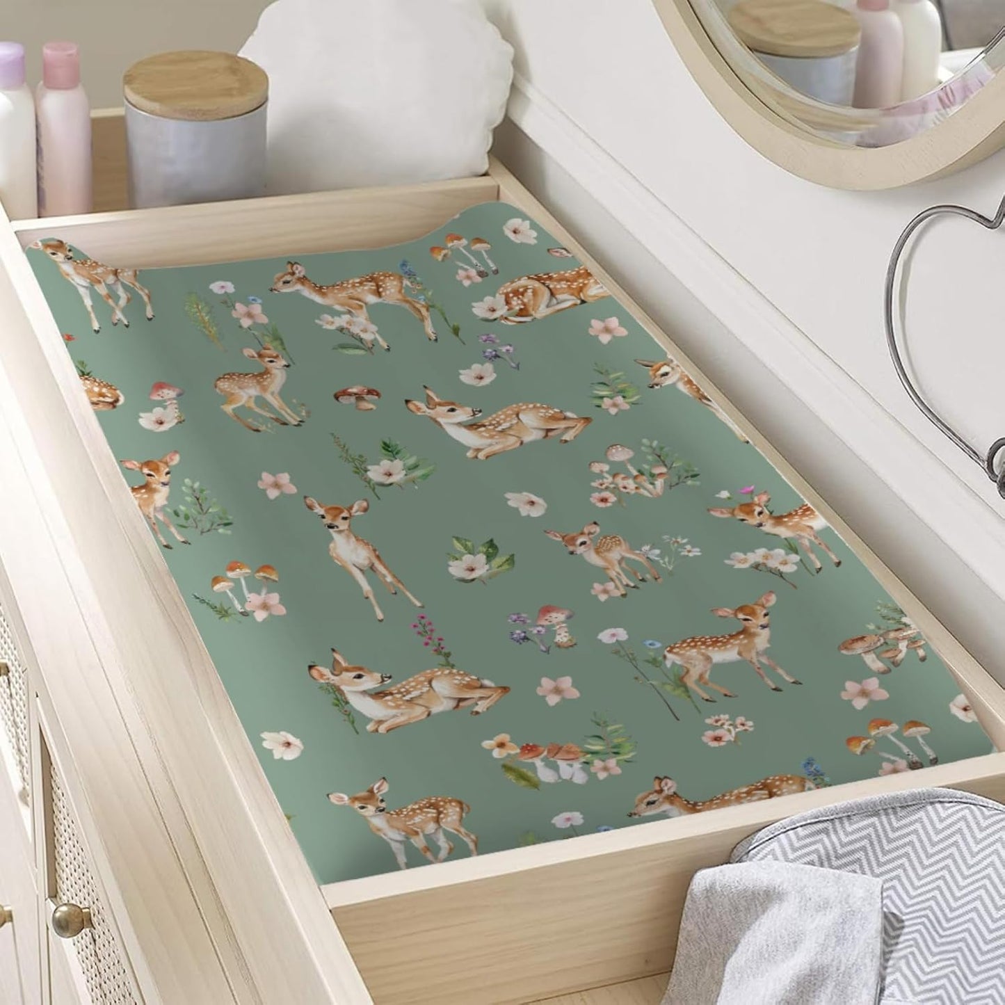 Spring Animal Changing Pad Cover Deer Mushroom Flowers Leaves Forest Baby Nursery Diaper Changing Pad Sheets for Boy Girl Soft Breathable Stretch Fitted Changing Table Sheets Mats 32''x16''