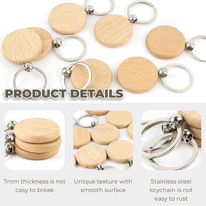 AUEAR, Blank Wooden Key Chain Wood Keychain Key Ring Key Tags Personalized EDC
