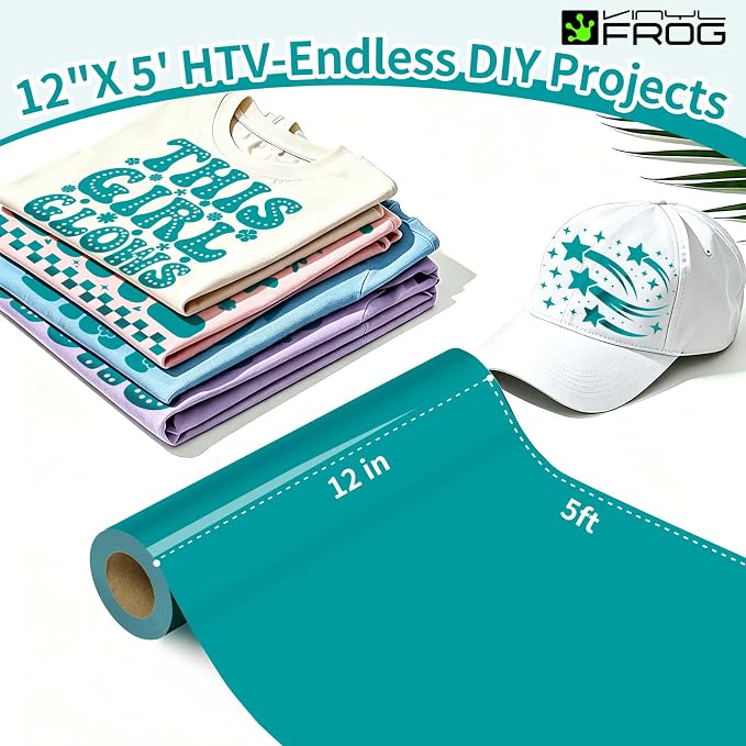VINYL FROG Teal Heat Transfer Vinyl Roll 12" x5ft Matte HTV Vinyl | Aqua Iron