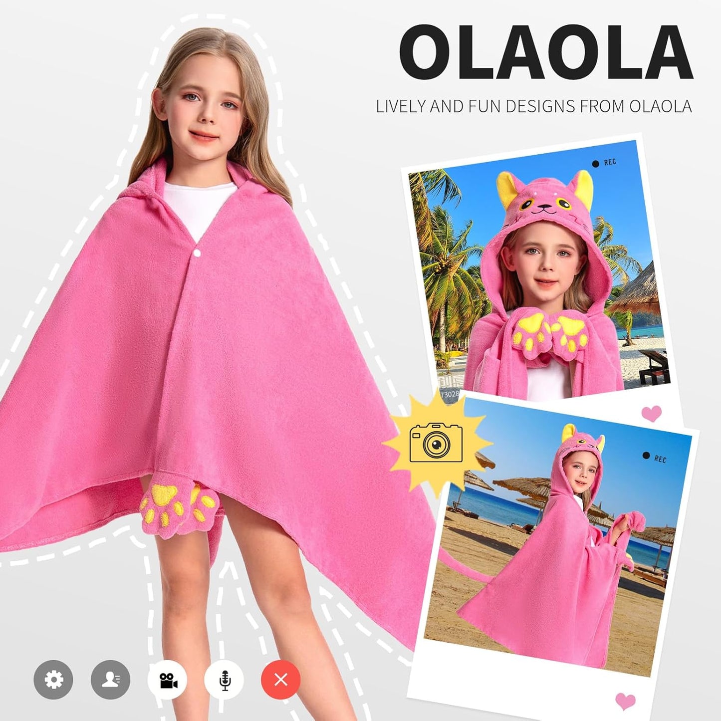 OLAOLA Cat Hooded Towel for Kids 3-12 Years, 28" x 53" Soft Thick Absorbent Beach Towels, Toddler Bath Towel Wrap, Swim Pool Towels Poncho for Boys Girls