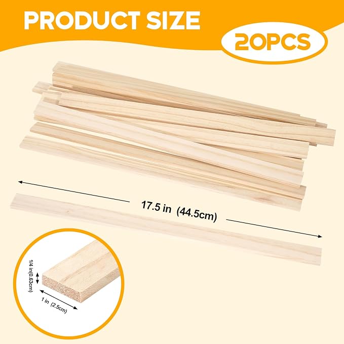 Wood Strips 1/4"x 1" x 17.5", Unfinished Flat Lumber Pine Pieces