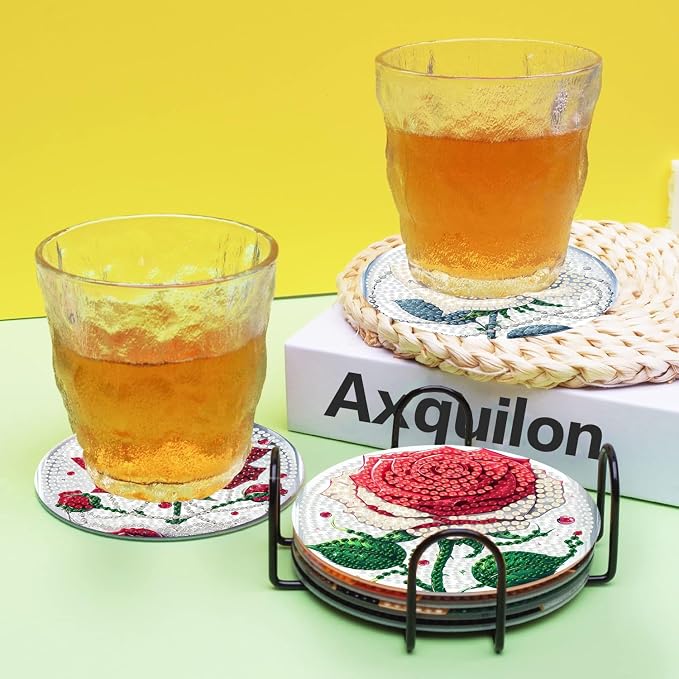 Axquilono 8 Pcs Rose Diamond Art Coasters Kit