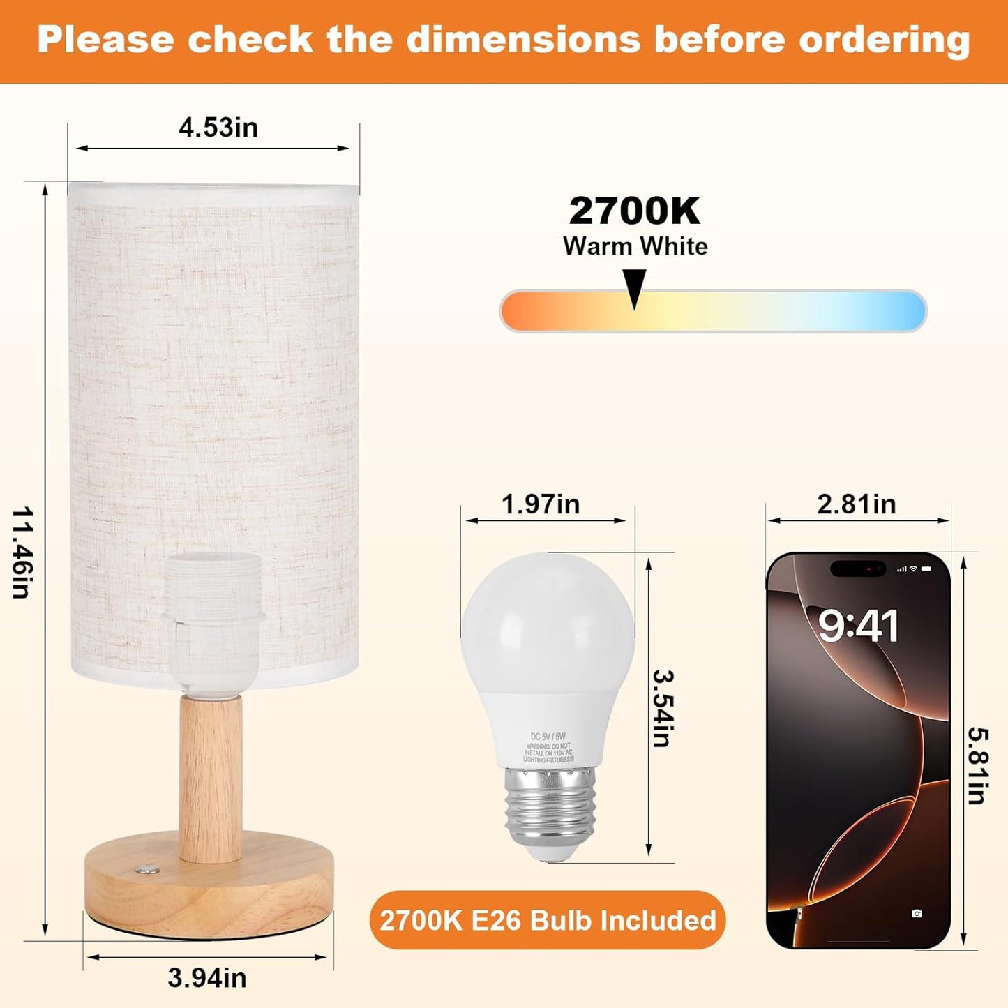Rechargeable Cordless Touch Table Lamp with Stepless Dimming,Natural Wood Base&Linen Shade,Small Battery Wireless Ambient Night Light for Bedroom,Bedside,Nightstand,Nursery,Kitchen,Camping,Outdoor