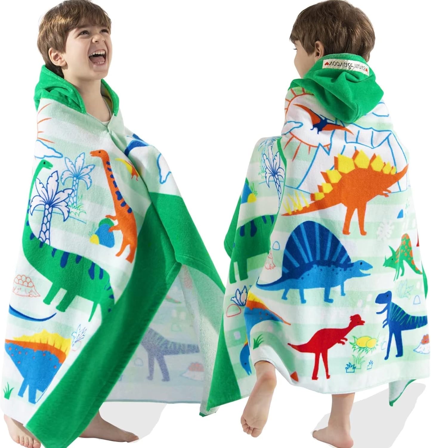 VOOVA & MOVAS Kids Hooded Bath Towel, Age 3-10, 30''X50'',100% Cotton | Thick | Absorbent, Beach | Pool | Bath | Bathroom | Swim Towel | Wearable Wrap for Boys, Dinosaur | Dino