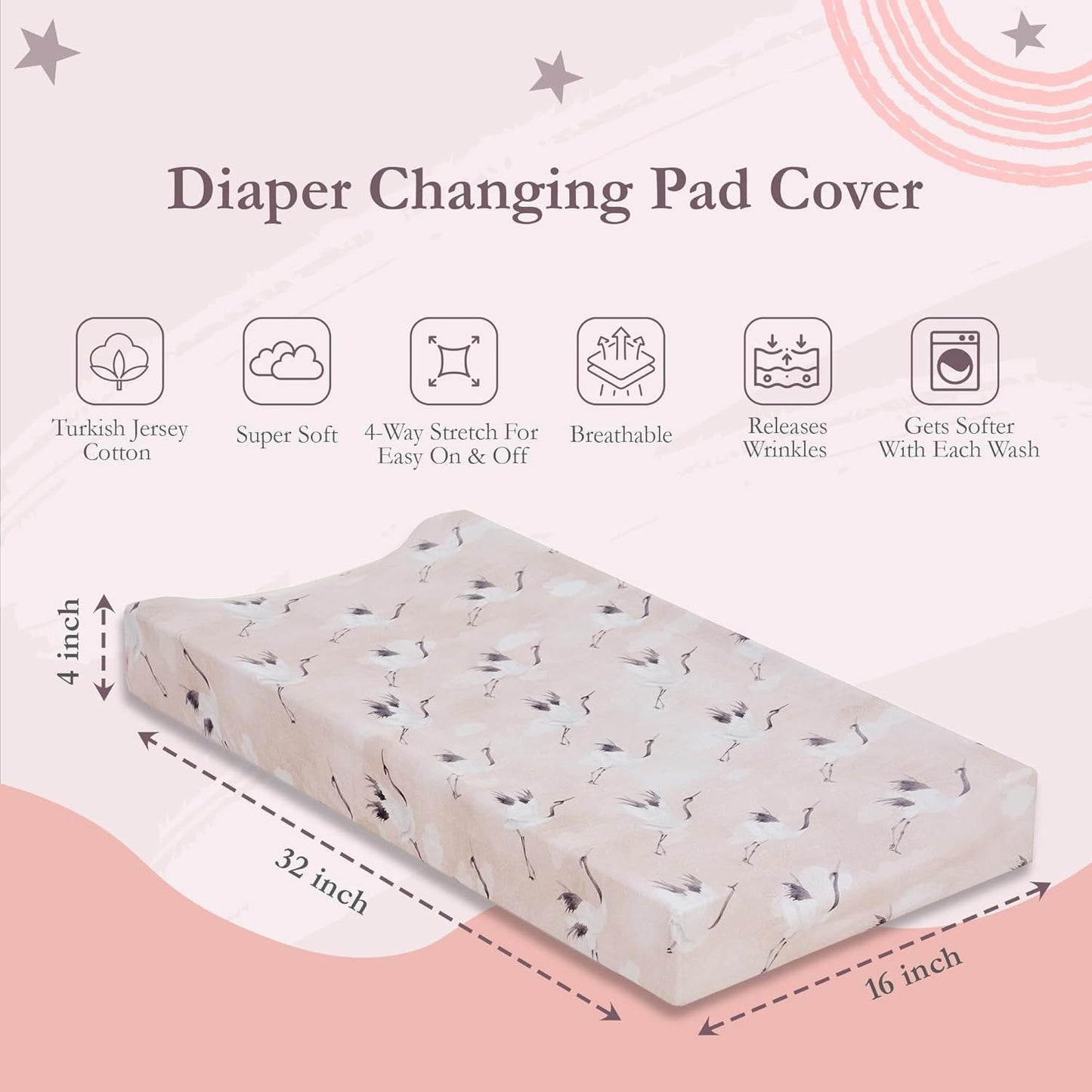 Oilo Changing Pad Cover, Breathable 100% Turkish Cotton Fitted Jersey, 300 Thread Count, Machine Washable, Fits Standard Changing Pads (32" x 16"), Girl, Boy, & Neutral Nursery Design, Pink Crane