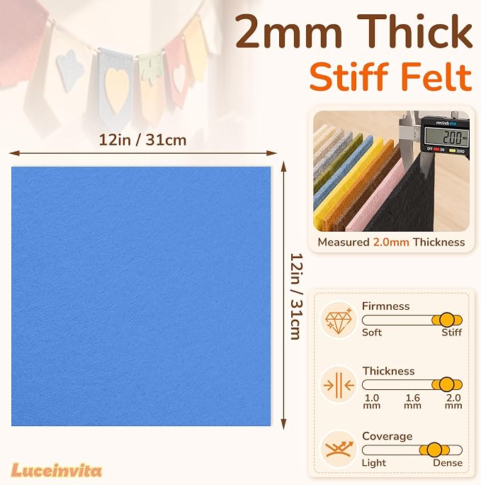 2mm Stiff Felt Sheets 12" X 12" | Thick Polyester Felt Material, DIY Craft