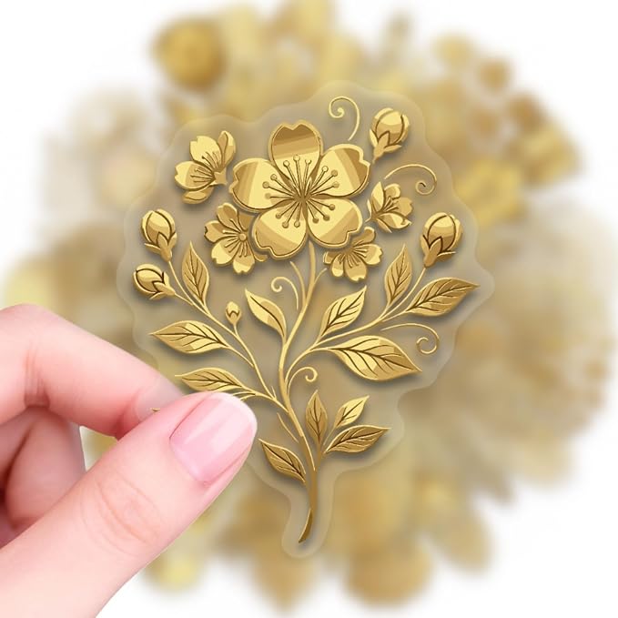 50PCS Gold Foil Floral Stickers, Metallic Botanical Decals, Waterproof PET