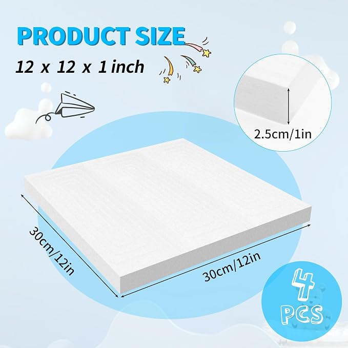 LuckyFoam White 4 Pack 12x12x1 inch Foam Sheets 1 Inch Thick | Polystyrene
