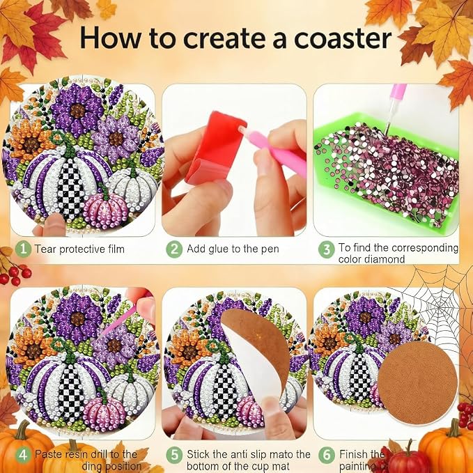 LWZAYS 8 PCS Fall Pumpkin Diamond Art Coaster Kits