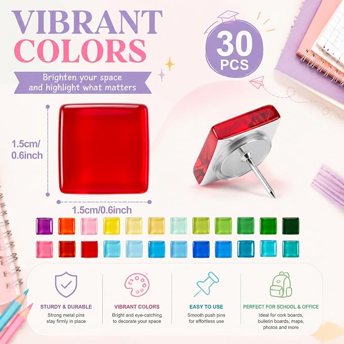 Epakh 30 Pcs Glass Square Thumb Tacks Decorative Push Pins Glass Square Push
