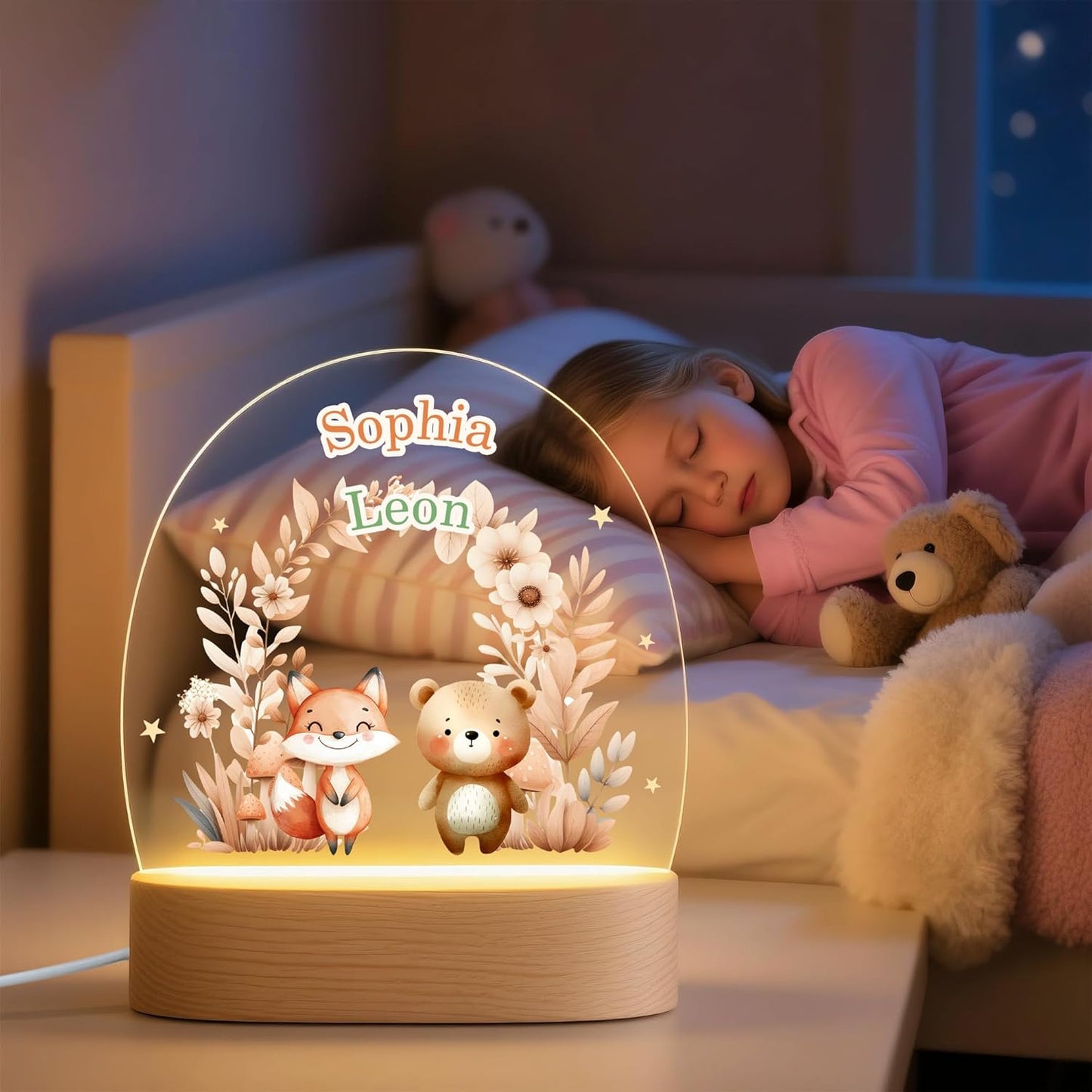 callie Acrylic Night Light Name Plate Personalized, Custom Cute Animal Dog Cat with Wooden Base Bedroom Decor, Birthday Gifts Kid Gifts for Family (Forest Animal)
