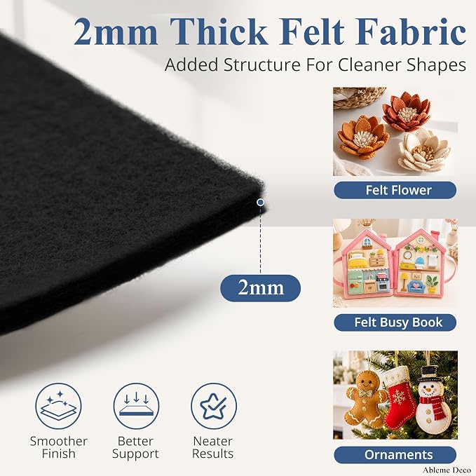12" x 12" Felt Sheets for Crafts, 2mm Stiff Felt Fabric, Polyester Felt Squares