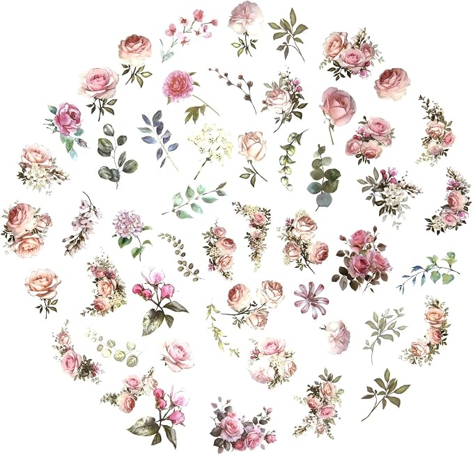 100 Pcs Pink Flower Stickers for Scrapbooking Junk Journal Notebook Diary