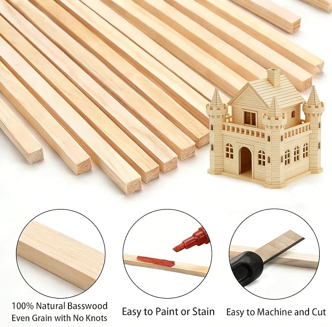 50PCS Square Wooden Dowels, 3/16" X 3/16" X 12"Square Dowels | Beautifully