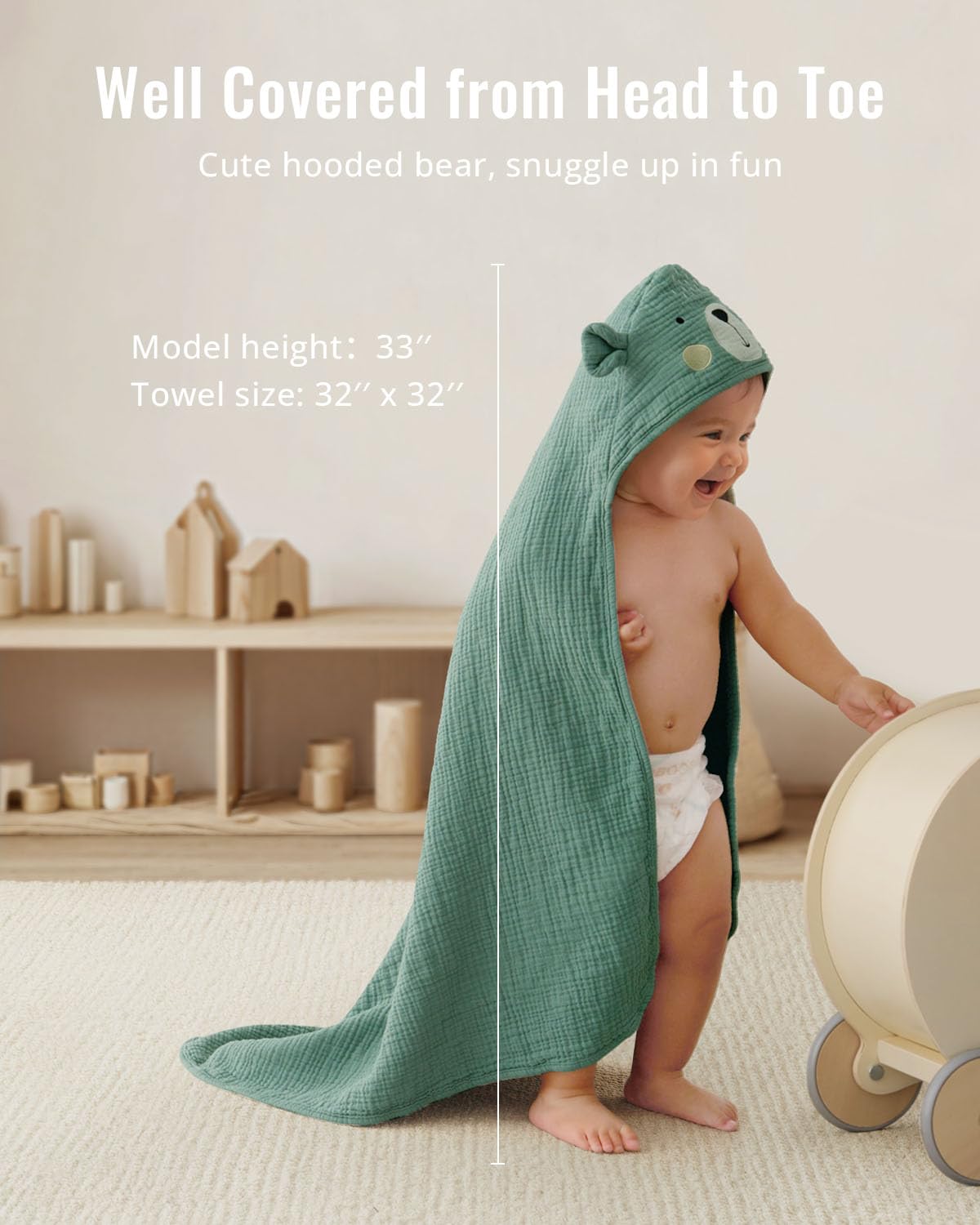 Blissful Diary Muslin Baby Hooded Towel 2 Pack, Soft & Absorbent Bath Towel for Infant, Toddler, Unisex, Baby Gift, Newborn Essentials, Bear & Lamb