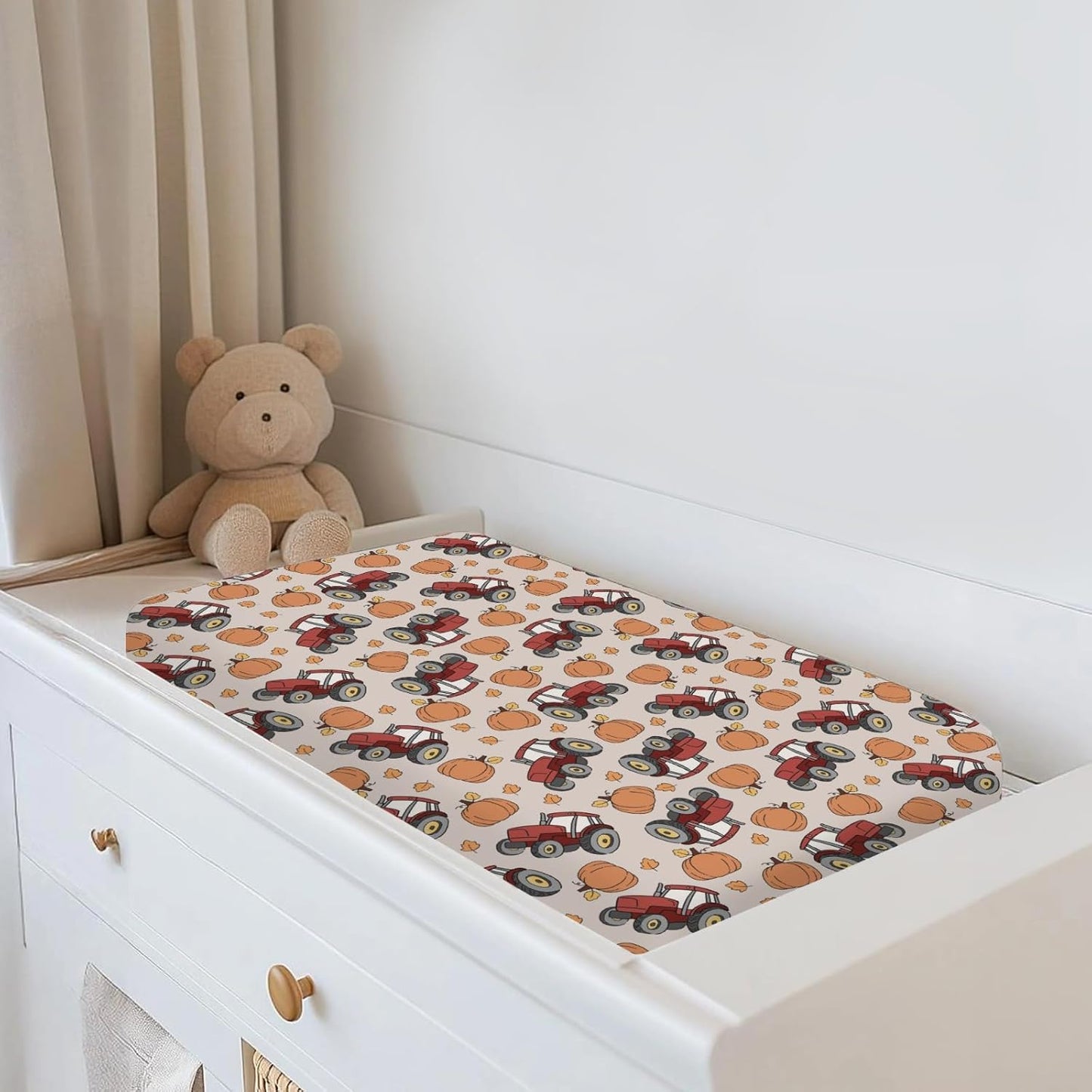Red Tractors Pumpkins Baby Changing Pad Covers for Boy Girl Autumn Farm Trucks Harvest Fitted Change Table Mats Fall Farmhouse Vehicle Soft Diaper Changing Pad Sheets for 32''×16'' Contoured Pad