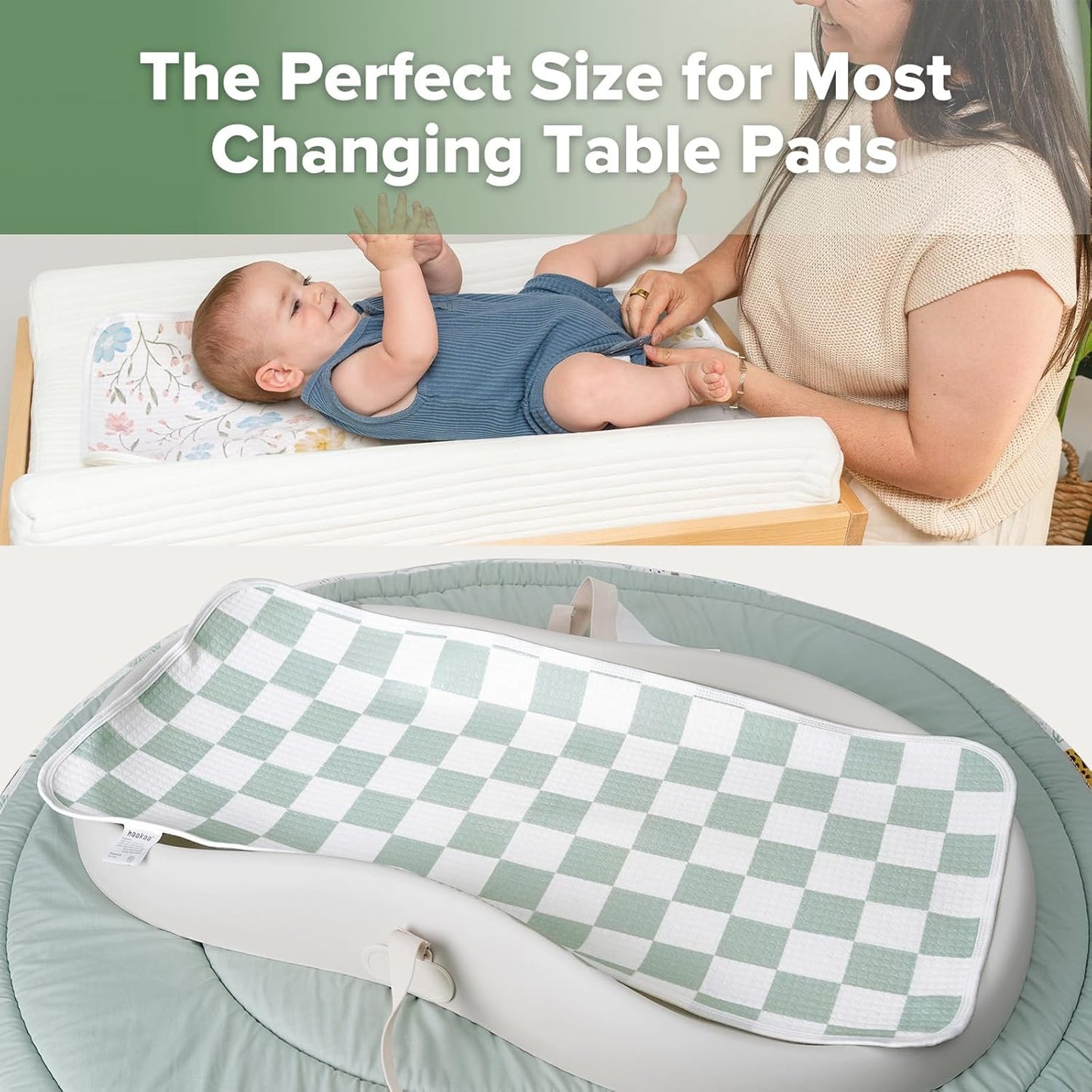 haakaa Waterproof Changing Pad Liners, 100% Cotton, Soft & Breathable (2pcs, 13" x 27.5" Garden Flow+Checkered Days)