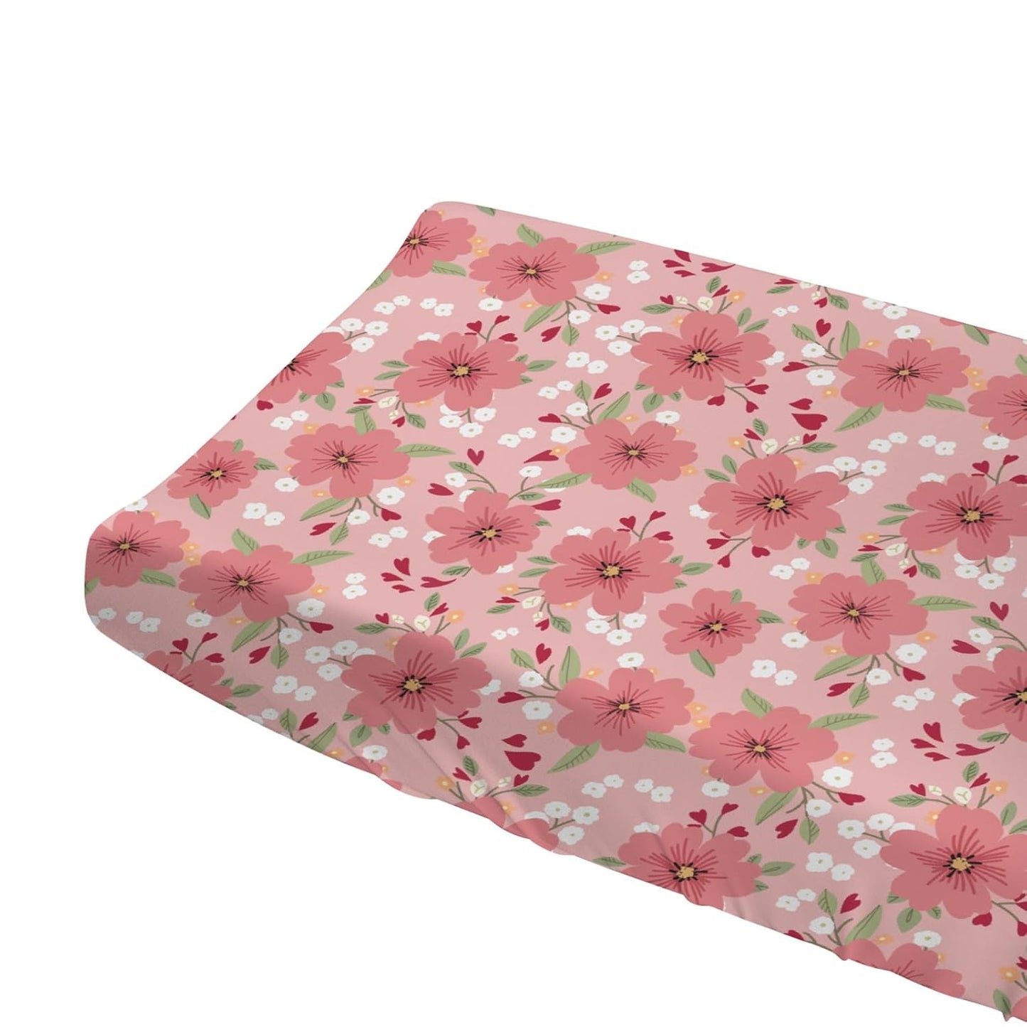 Love Blooms Baby Changing Pad Covers for Boy Girl 32''x16'' Red Heart Blossoms Fitted Diaper Change Table Sheets Spring Floral Flowers Soft Breathable Nursery Baby Changing Table Mats