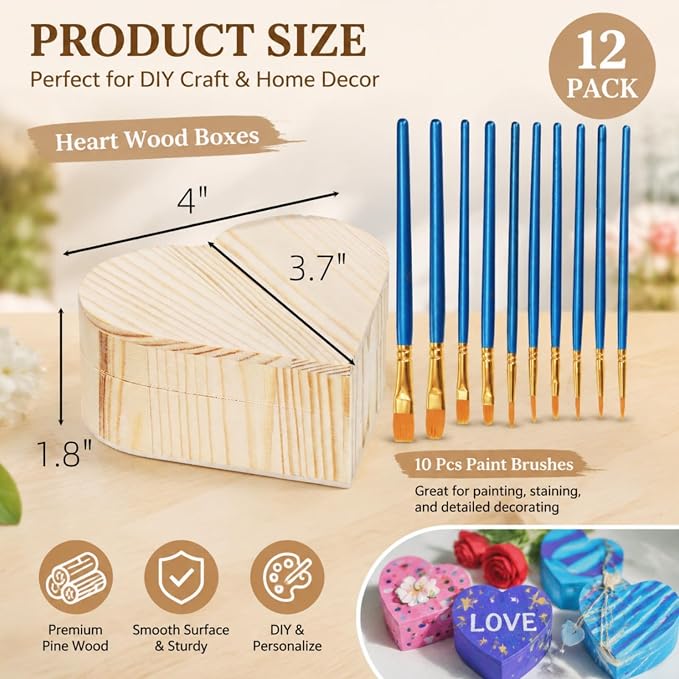 Acshio 12 Pack Unfinished Wood Heart Box, Unpainted DIY Treasure Chest