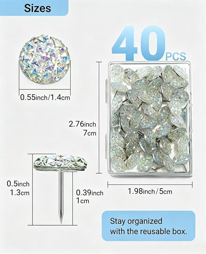 40 Diamond Pins Set, Decorative Push Thumbtacks
