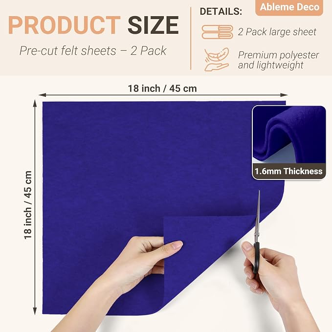 Felt Fabric Sheets 18" x 18" 1.6mm Soft Craft Felt, Royal Blue | Soft Precut