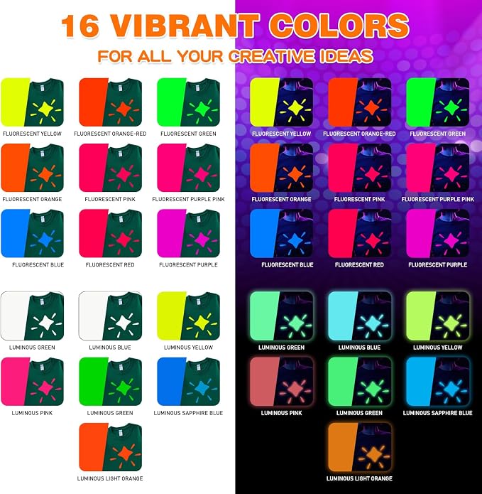 FUNKAKA Glow in The Dark & Fluorescence Heat Transfer Vinyl Bundle, 16 Pack 12"