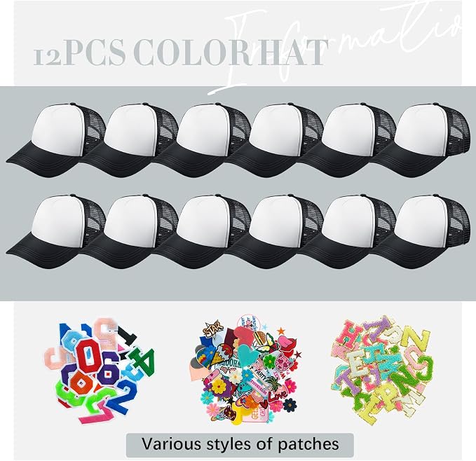 Hercicy 12 Pack DIY Trucker Hats Kit, Sublimation Blank Baseball Caps