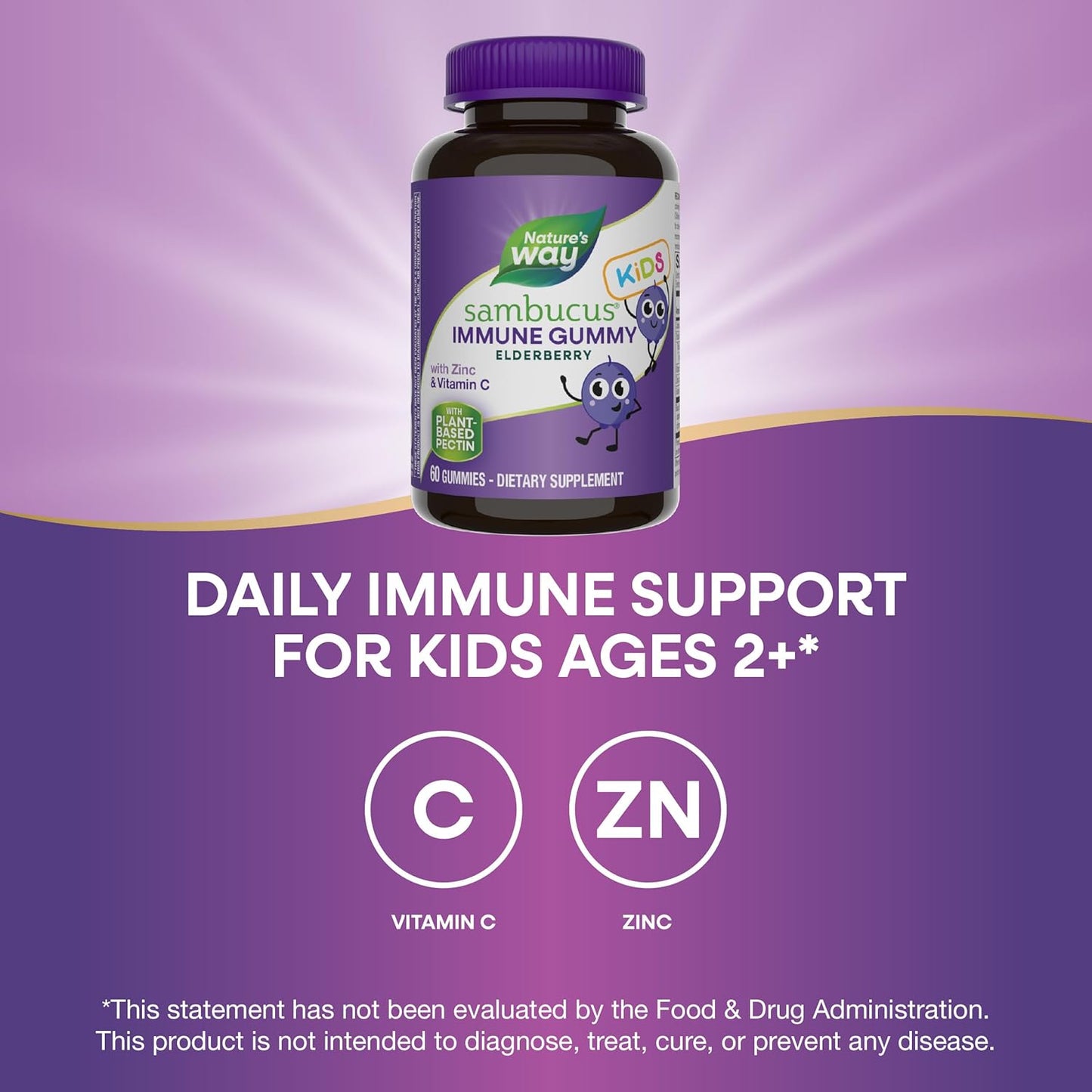Nature's Way Sambucus Elderberry Immune Gummies for Kids with Black Elderberry Extract, Vitamin C and Zinc, Immune Support Gummies*, 60 Count (Set of 3)