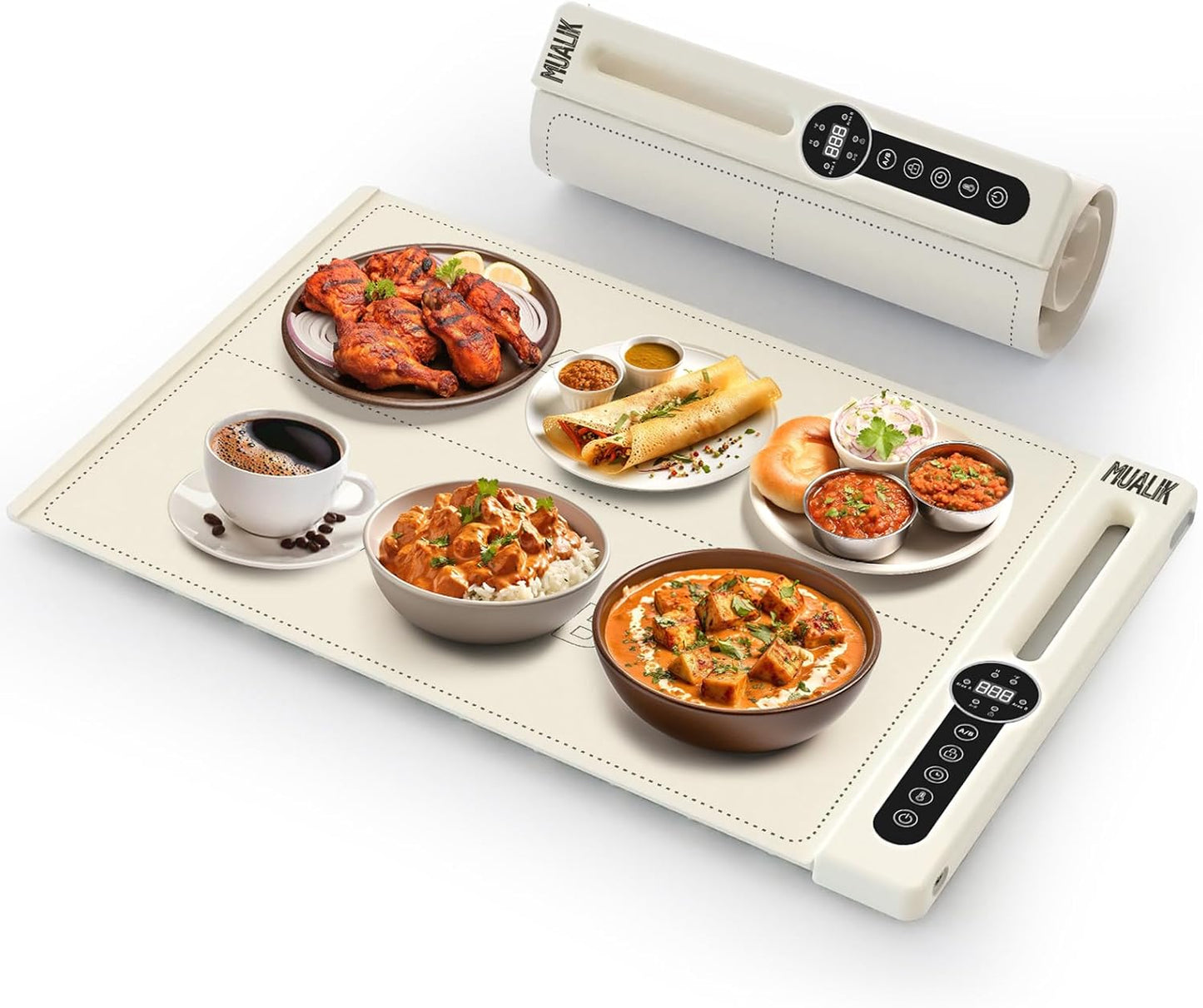 Warming Mat for Food, Roll-UP Fast Heating Silicone with 6 Level Temperature, 2 Zone and 3 Pad Parallel Expansion, Automatic On-Off Timer Setting