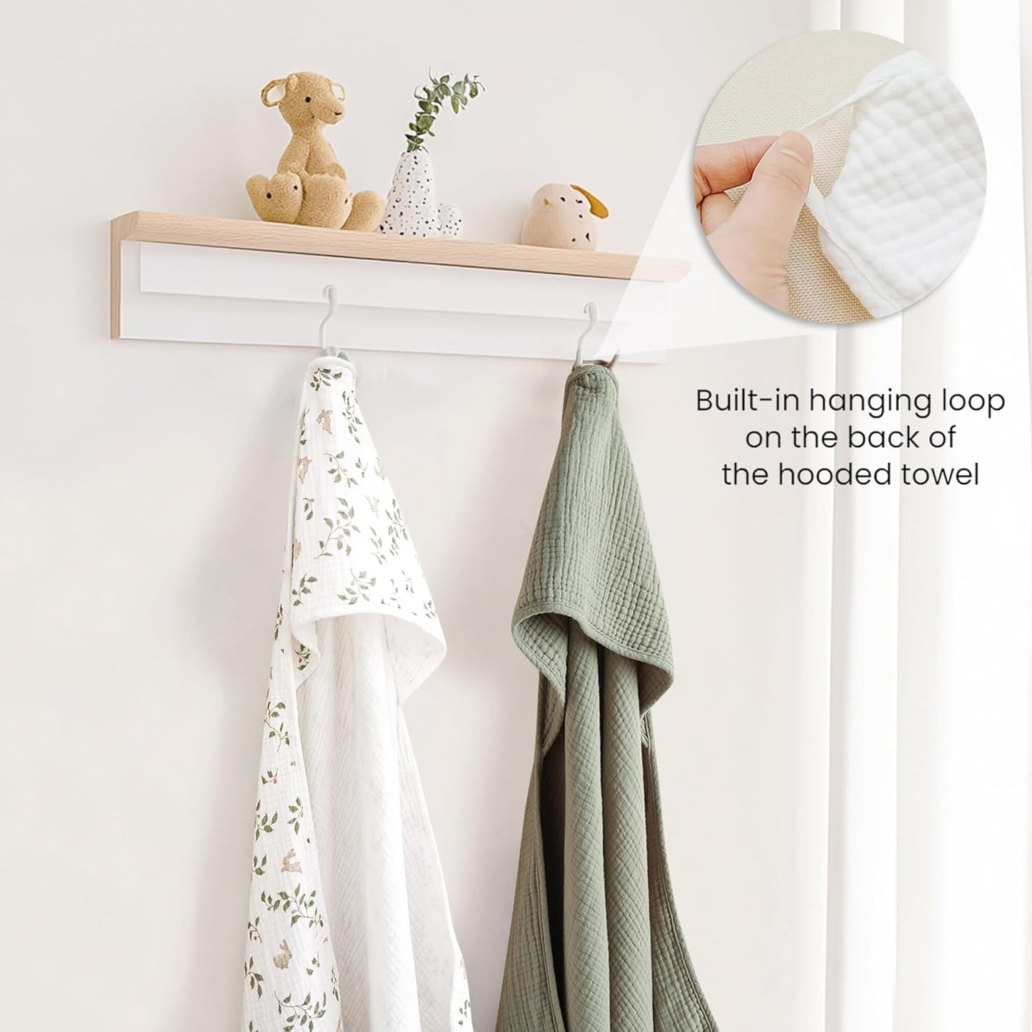 Konssy 2-Pack Muslin Hooded Baby Towels, 100% Cotton, Ultra-Soft & Absorbent Baby Bath Towels with Hood for Newborn & Infant (Fog Green, Sprout, 32" x 32")