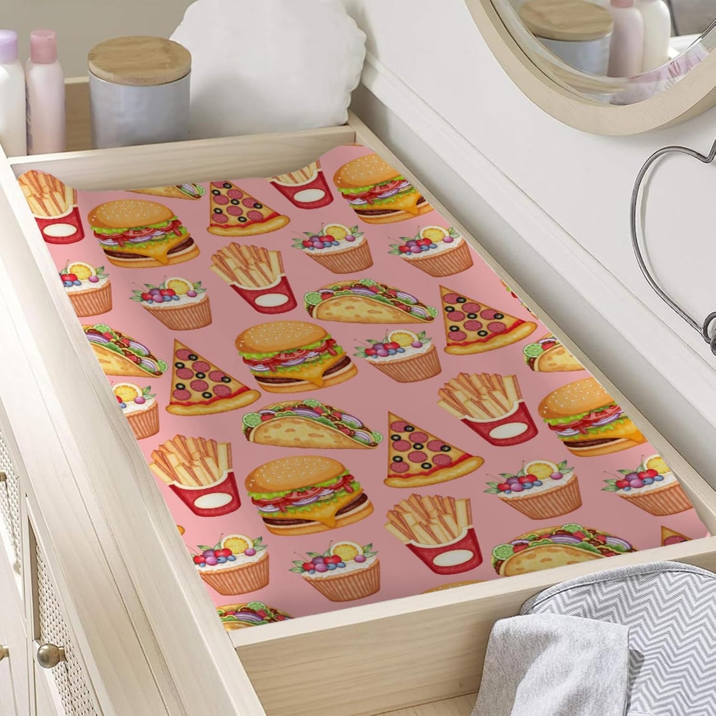 Funny Burger French Fries Cupcake Pizza Diaper Changing Pad Cover Sheets for Boys & Girls 32''x16'' Unisex Fitted Diaper Changing Table Cover Mats Comfort Soft Breathable Cradle & Bassinet Sheets