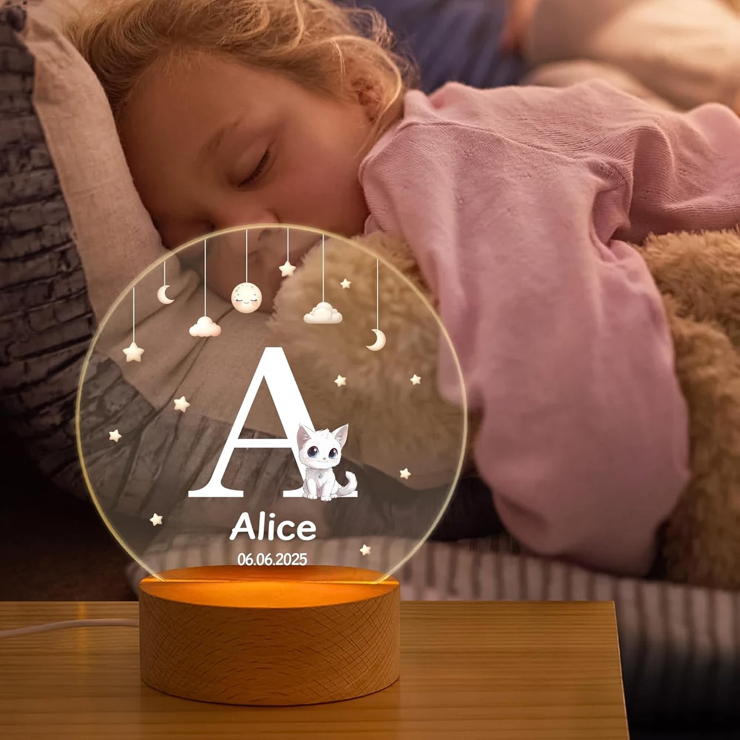 callie Acrylic Night Light Name Plate Personalized, Custom Cute Animal Dog Cat with Wooden Base Bedroom Decor, Birthday Gifts Kid Gifts for Family (Cute Animal Dog Cat)