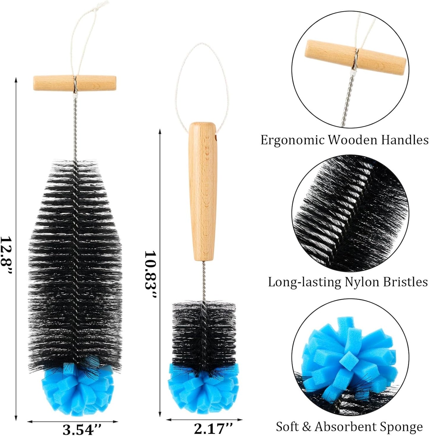 Mimorou 2 Pack Sponge Bottle Brush Compatible with SodaStream, Soda Bottle Cleaner Brush with Gentle & Anti-Scratch Bristles, Wood Handle for Glassware Cleaning, Black