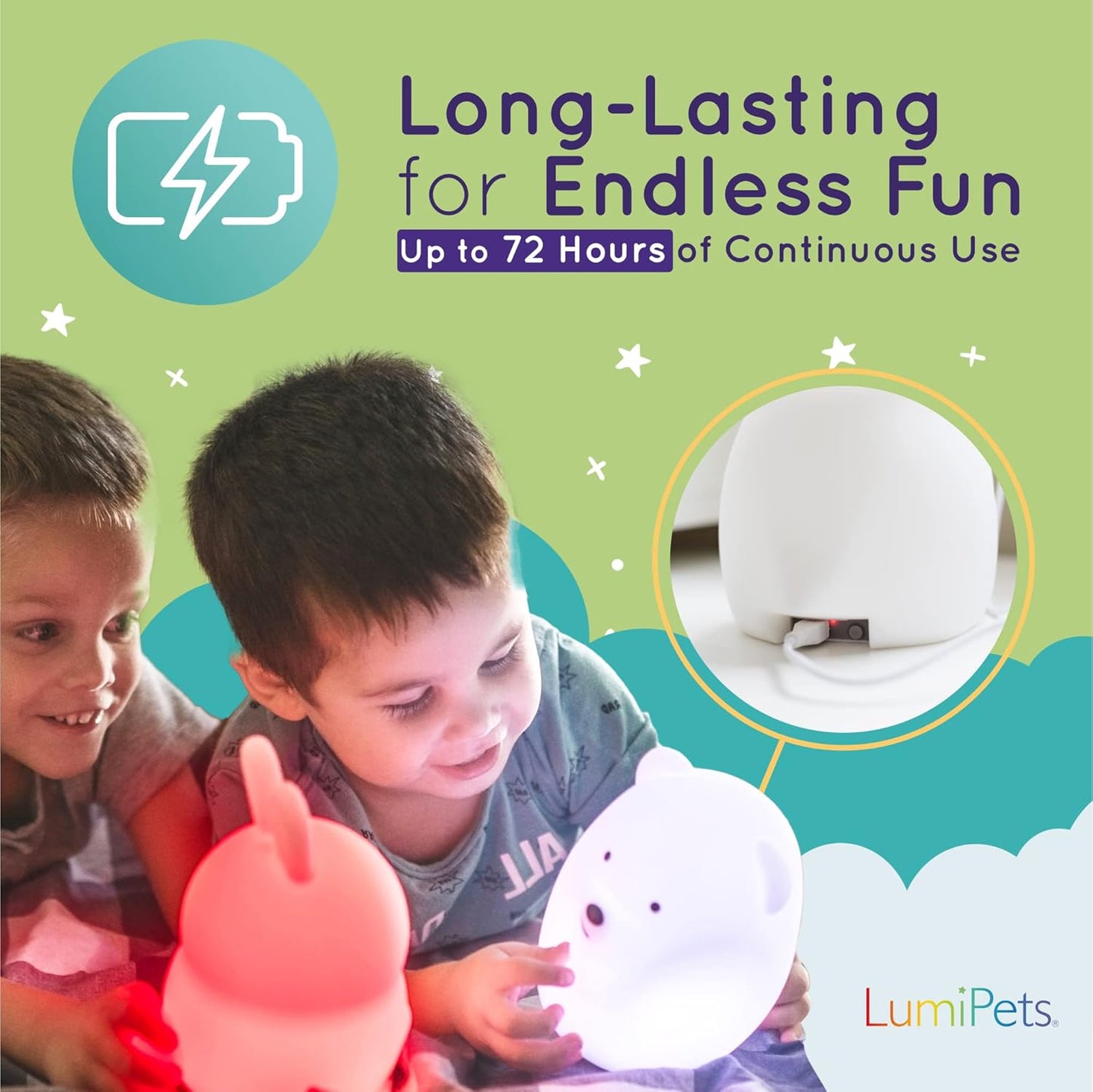 Lumipets Baxter The Bunny Squishy Night Light for Kids | Silicone Lamp with Tap & Remote Control | Rechargeable Color Changing Animal Night Light for Boys & Girls | Portable Nightlight with USB Cord