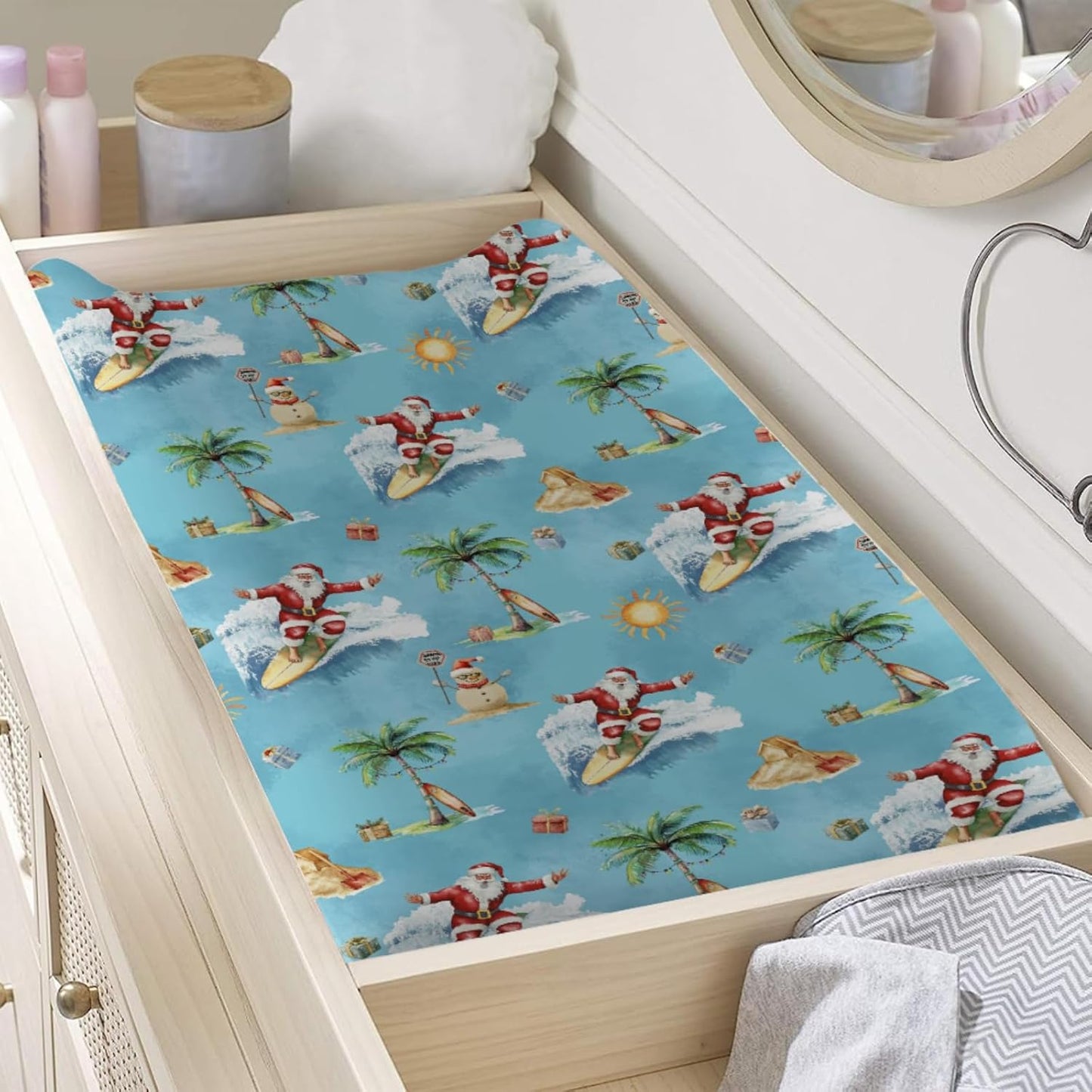 Surfing Santa Holiday Beach Baby Changing Pad Covers Santa Surfboard Palm Trees Sun Gift Fitted Diaper Changing Table Sheets for Boy Summer Christmas Soft Stretchy Fitted Change Table Mat 32''x16''