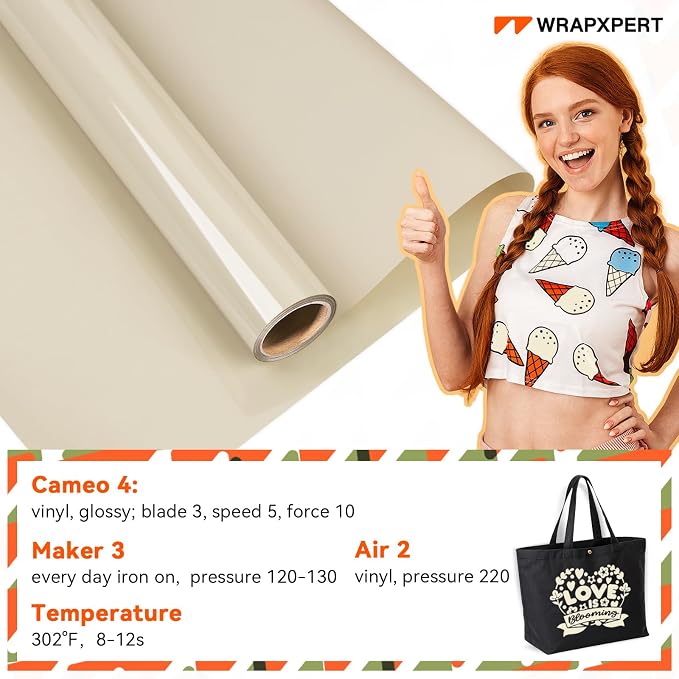 WRAPXPERT Cream HTV Vinyl Rolls Beige Heat Transfer Vinyl 12''x5ft Iron on Vinyl