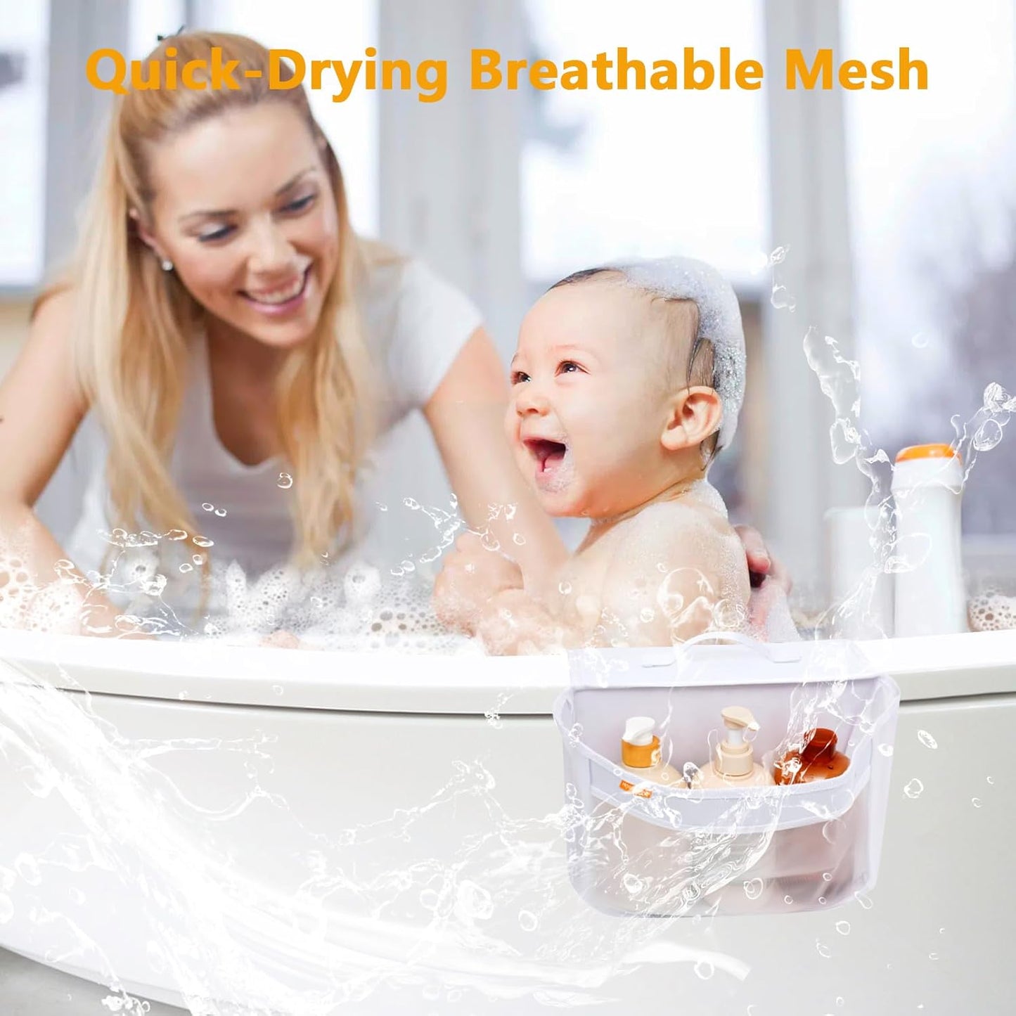 Bath Toy Organizer with 2 Pockets, Large Capacity Mesh Storage with Grip, Quick Dry, Perfect for Organizing Toys and Bath Essentials, Fits 6-Inch Tub Edges