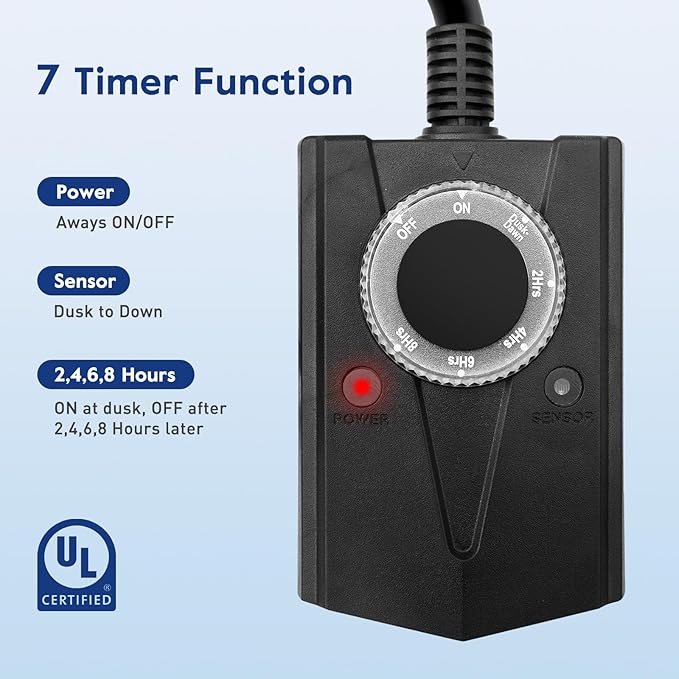 Brightown Outdoor Light Sensor Timer Waterproof, Mechanical Plug in Timer Switch, Outdoor Light Timer for Electrical Outlets, 2 Grounded Electrical Outlets for Christmas String Lights, Lighting Decor