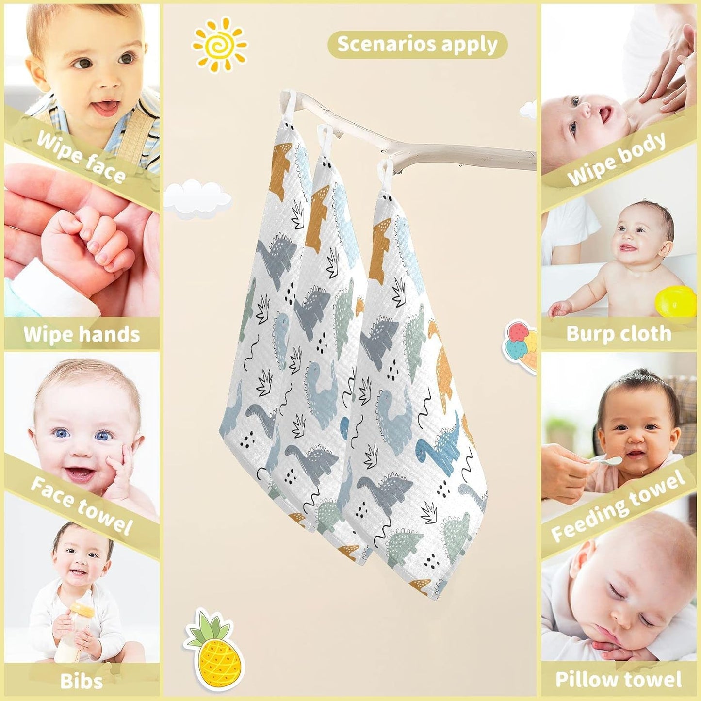 Cute Dinosaurs Bushes Dots Doodles Burp Cloths for Boys Girls Cute Childish Dino Baby Muslin Washcloths Newborn Soft Absorbent Face Bath Towel Kids Wash Cloth 12 x 12,3 Pack