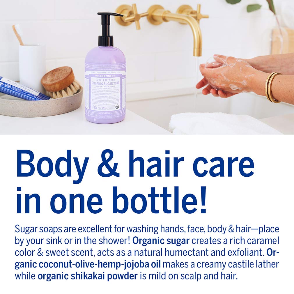 Dr. Bronner's - Organic Sugar Soap (Lavender, 24 Ounce) - Made with Organic Oils, Sugar and Shikakai Powder, 4-in-1 Uses: Hands, Body, Face and Hair, Cleanses, Moisturizes and Nourishes, Vegan