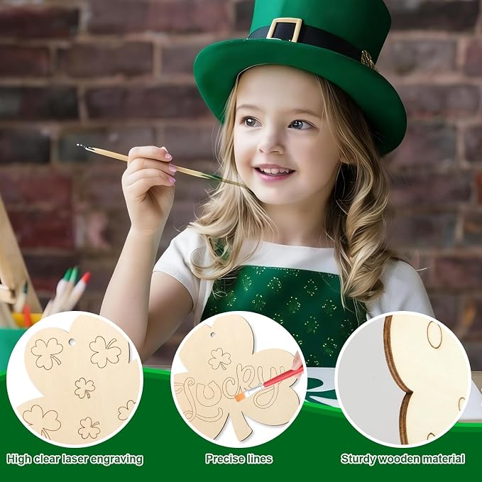 COCHIE St. Patrick's Day Shamrock Wood Crafts to Paint Set of 24, Saint Patrick