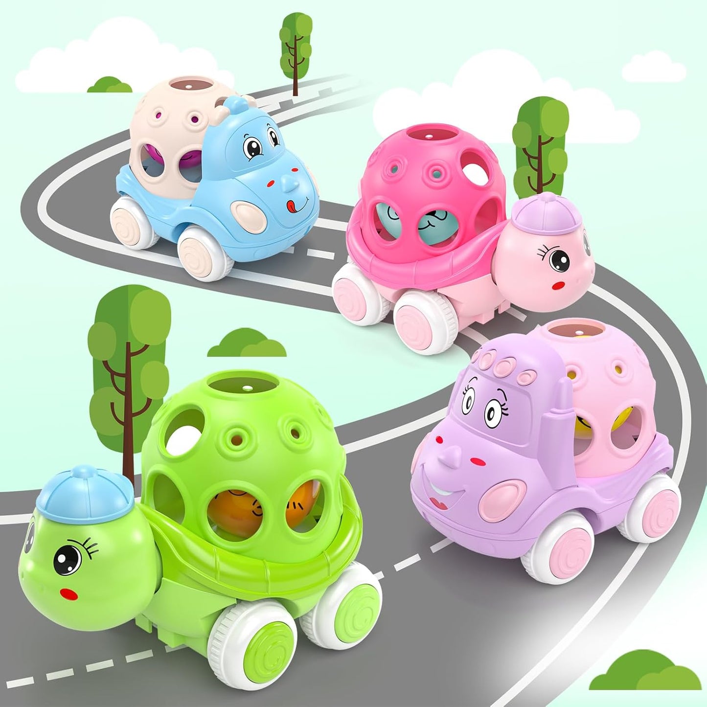4 Set Toy Cars for Toddler Girl, Toddlers Push Car Toys Pink, Rattles Push and Go Truck, Birthday for Twin Girls 3 + Year Old Twins Gift Ideas