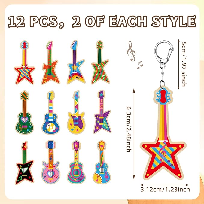 RattanView 24 Pcs Guitar Craft Color Your Own Keychains DIY Craft Wooden Blank