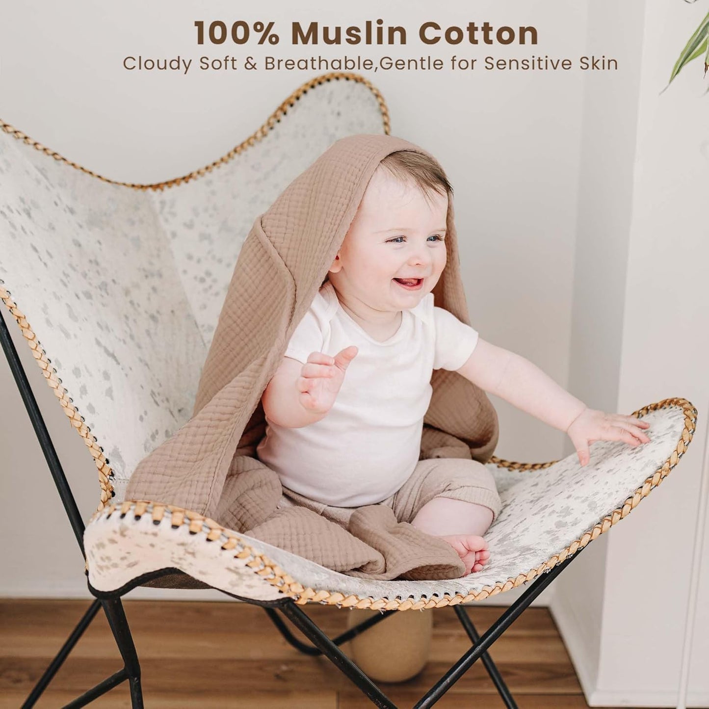 Konssy 2-Pack Muslin Hooded Baby Towels, 100% Cotton, Ultra-Soft & Absorbent Baby Bath Towels with Hood for Newborn & Infant (Cream, Camel,32" x 32")