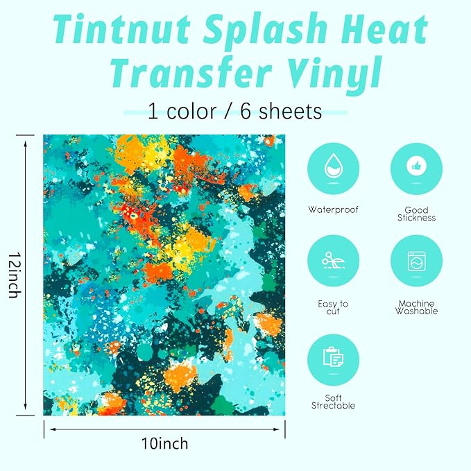 Tintnut Blue Splash Heat Transfer Vinyl, stretch washable, works